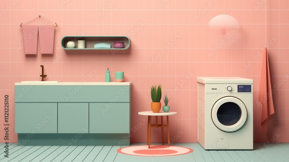 A modern bathroom featuring a mint green cabinet, pastel pink walls, and a sleek washing machine, creating a fresh and vibrant atmosphere. A modern bathroom featuring a mint green cabinet, pastel pink walls, and a sleek washing machine, creating a fresh and vibrant atmosphere.