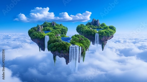 Floating Islands in the Clouds: Surreal and majestic, three lush islands, complete with waterfalls, float effortlessly amidst fluffy clouds in an ethereal dreamscape.