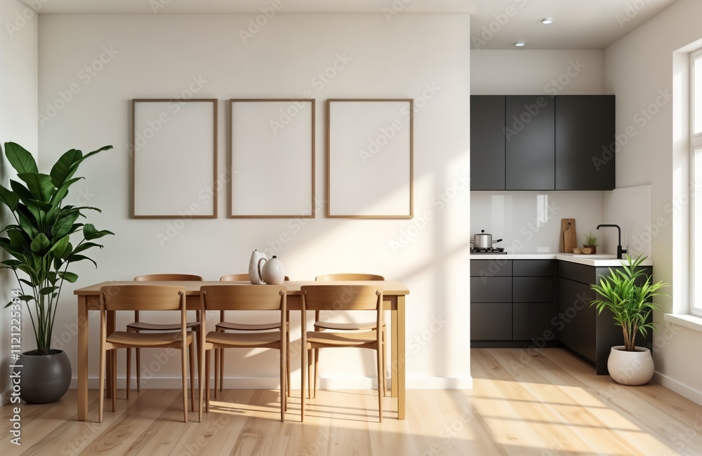 Fototapeta premium Bright kitchen interior with dining area. Wooden table, chairs surround large table. Three empty frames on wall. Modern kitchen corner area with dark cabinets. Sunlight fills space. Stylish plant