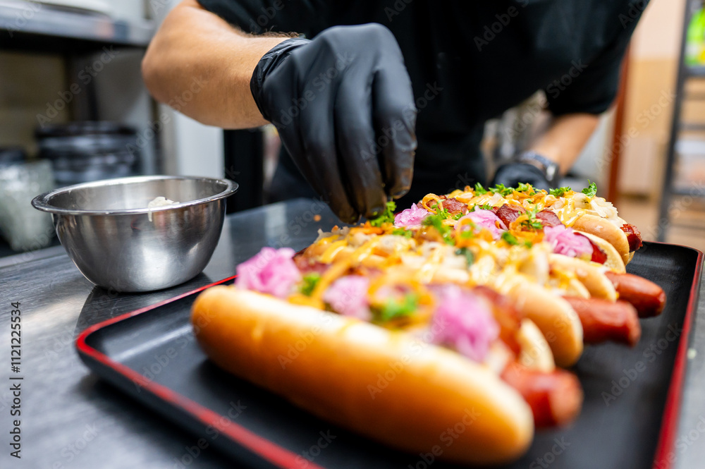 A chef in black gloves carefully garnishes gourmet hot dogs with toppings in a bustling kitchen. Colorful ingredients like onions and herbs enhance the dish's appeal.