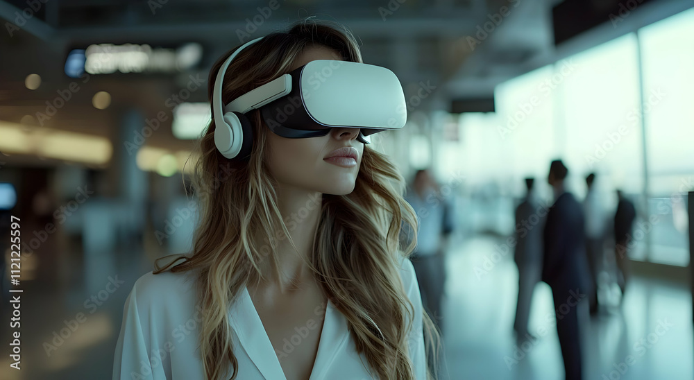 Woman in VR headset at airport terminal. Woman in VR headset at airport terminal.