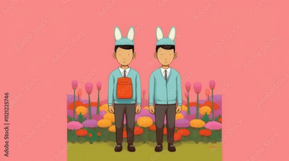 Two male characters in blue outfits with bunny ears stand against a vibrant floral background. Two male characters in blue outfits with bunny ears stand against a vibrant floral background.
