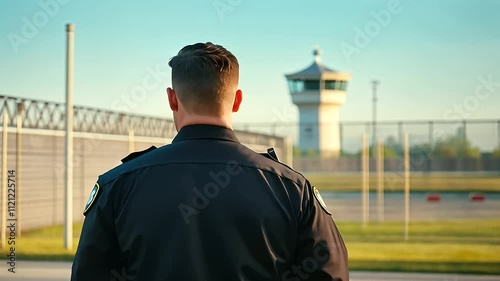 Prison Guard Watching Steel Gate at Security Facility