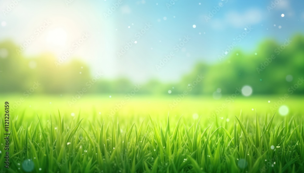 Bright green grass field extends into blurred background of rich green trees, vibrant blue sky. Sunlight filters through trees creating bokeh effect. Idyllic summer landscape. Natural, beautiful Bright green grass field extends into blurred background of rich green trees, vibrant blue sky. Sunlight filters through trees creating bokeh effect. Idyllic summer landscape. Natural, beautiful