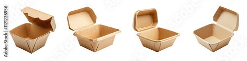 Set of open biodegradable paper food container for takeout, PNG format Background