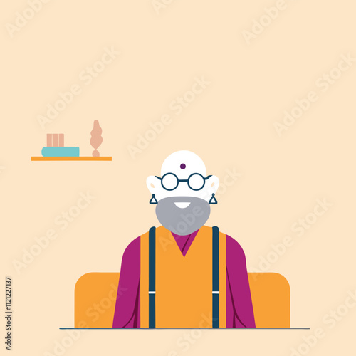 Old man with glasses in a room. Flat design vector illustration.