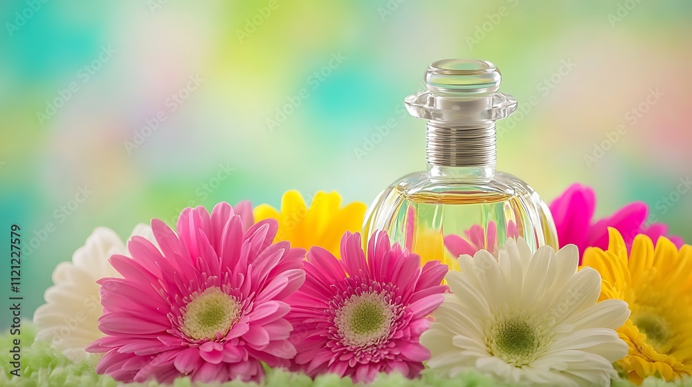 A Beautifully Arranged Floral Background Featuring Elegant Perfume Bottle A Beautifully Arranged Floral Background Featuring Elegant Perfume Bottle
