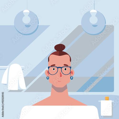 man in the bathroom with towel and mirror vector illustration graphic design.