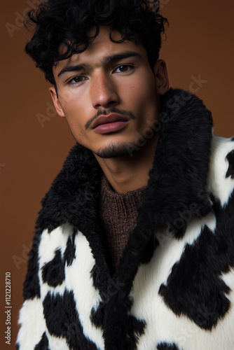 Closeup of a mixed race male model wearing an oversized black and white cow print , cow skin jacket against a brown solid background. photo