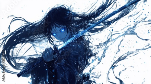 Anime girl with blue glowing eyes wielding katana, water splashes.