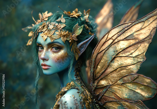 A beautiful fairy with blue skin, green hair and golden wings. photo