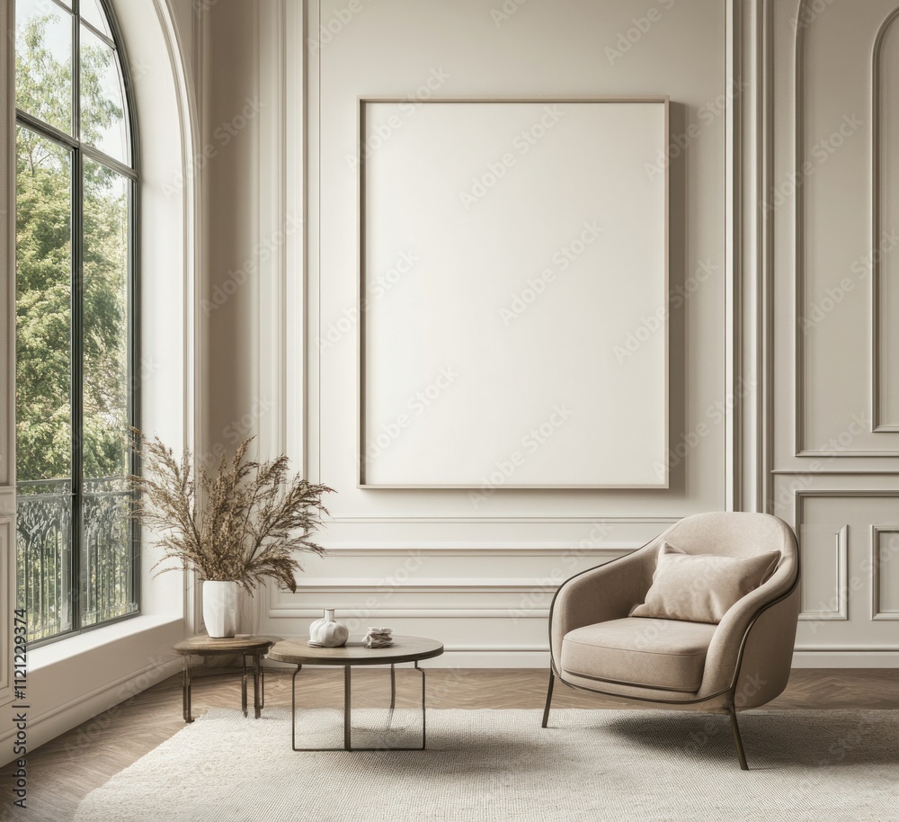 Fototapeta premium Beige armchair, coffee table, and large frame in elegant room with arched window.