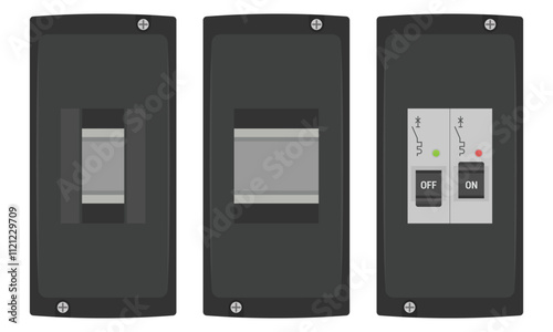 Circuit breaker box. Set of power distribution boxes for DIN equipment. Vector illustration in flat style. EPS10