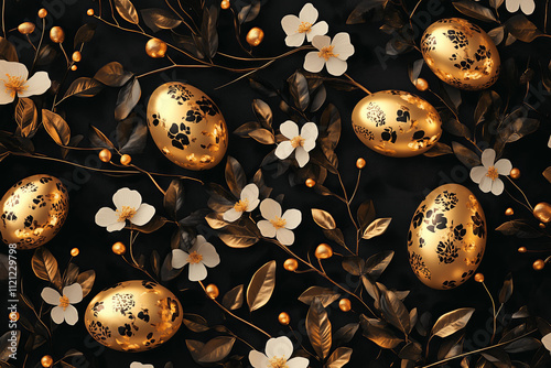 isometric pattern of painted golden easter eggs and blossom, on a black background  photo