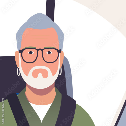 Portrait of an old man with glasses in a bus. Vector illustration