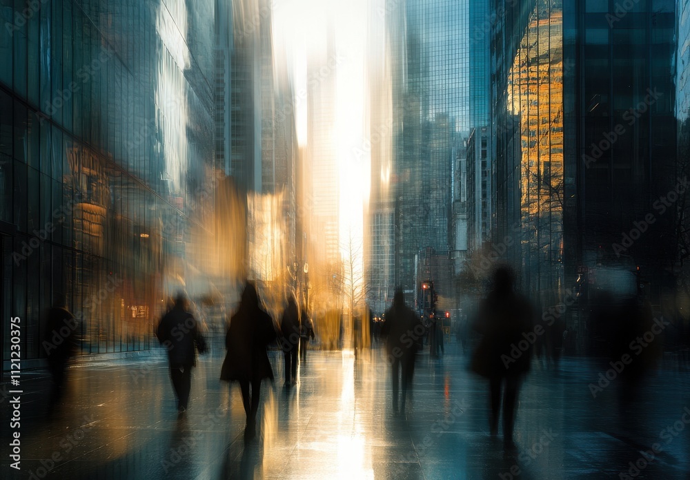 Blurred Cityscape of Urban Life at Dusk with Silhouetted Figures and Reflections of Golden Light on Glass Buildings in a Dynamic City Environment Blurred Cityscape of Urban Life at Dusk with Silhouetted Figures and Reflections of Golden Light on Glass Buildings in a Dynamic City Environment