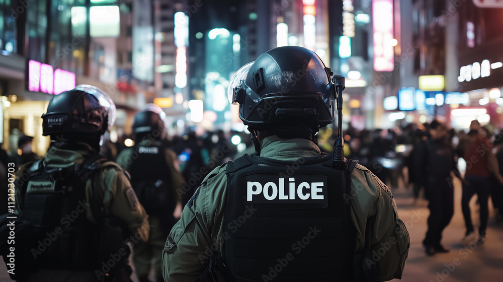 Helmeted police officers in tactical gear standing amidst a crowded urban street during a nighttime protest. Helmeted police officers in tactical gear standing amidst a crowded urban street during a nighttime protest.