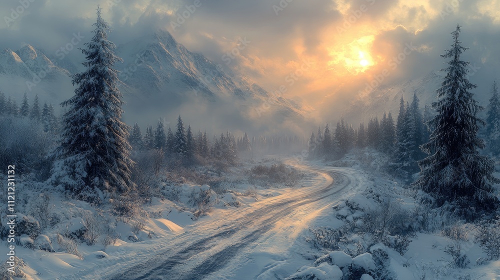 Tranquil Snow-Covered Mountain Road with Pine Trees Tranquil Snow-Covered Mountain Road with Pine Trees