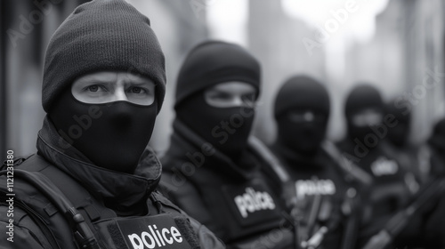 Black and white close up of a group of police officers wearing tactical gear and balaclavas, standing in formation during a public event. photo