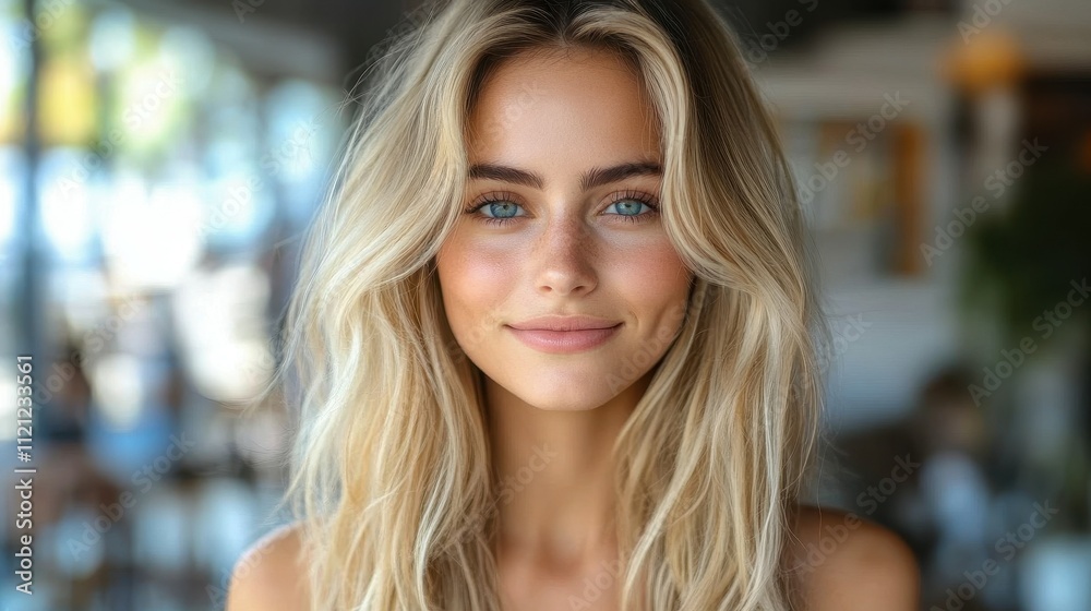 Brightly lit interior showcases a young woman with blonde hair and blue eyes smiling warmly. Her cheerful demeanor enhances the inviting atmosphere of the space