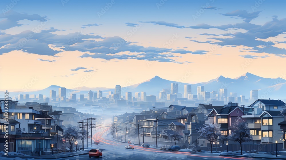 Fototapeta premium Serene winter cityscape at sunrise.