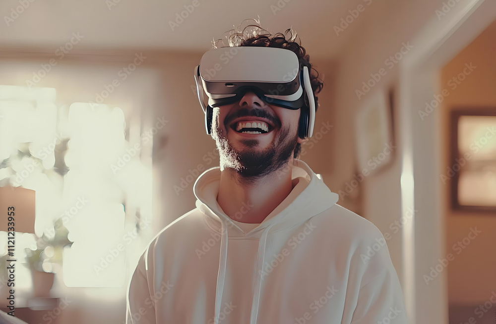 Happy man using VR headset at home, smiling broadly. Happy man using VR headset at home, smiling broadly.