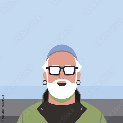 Old man with beard and glasses. Vector illustration in flat style.