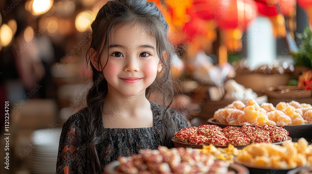 Young girl smiling in a festive setting with delicious treats Young girl smiling in a festive setting with delicious treats