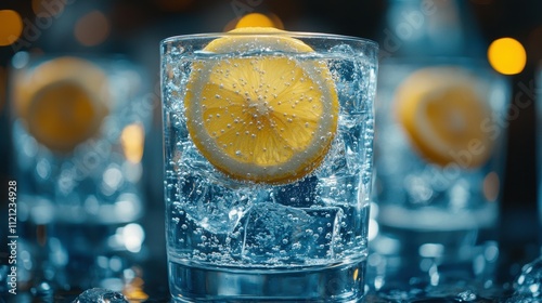 A clear glass filled with ice holds a sparkling drink topped with fresh lemon slices, creating a refreshing appearance at a social gathering in the evening photo