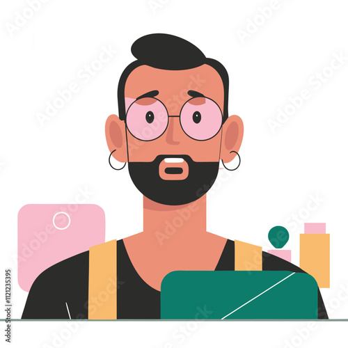 Vector illustration of a bearded man in glasses and apron with a laptop.