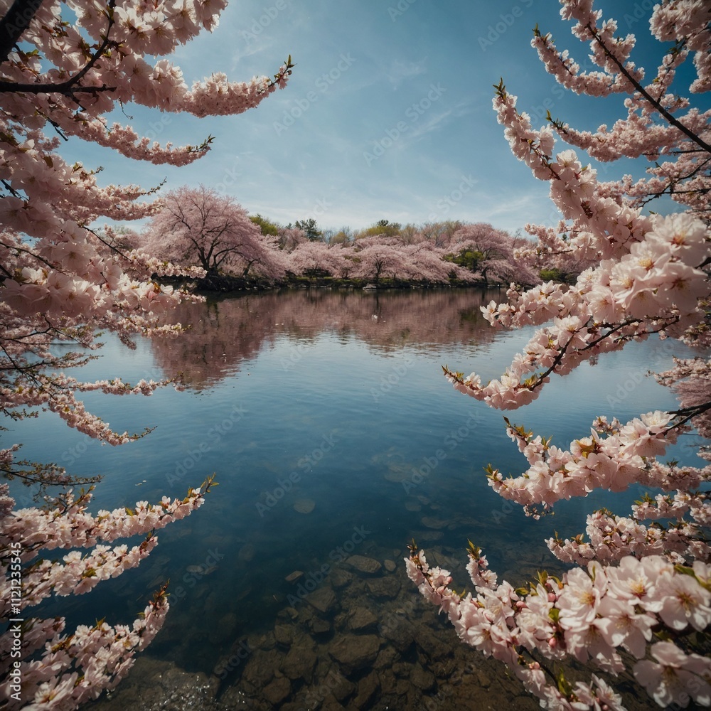 A lake surrounded by cherry blossom trees in full bloom. A lake surrounded by cherry blossom trees in full bloom.