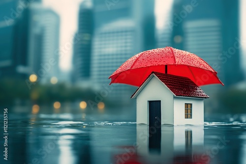 Red Umbrella Protects House from Flood Waters in Cityscape; Urban Flooding and Home Insurance Solutions.