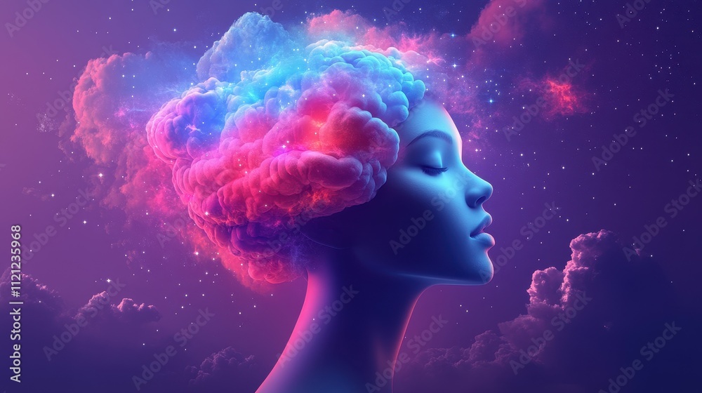 A surreal representation of a woman in profile with vibrant, colorful clouds swirling above her head, symbolizing imagination and creativity during a starry night A surreal representation of a woman in profile with vibrant, colorful clouds swirling above her head, symbolizing imagination and creativity during a starry night