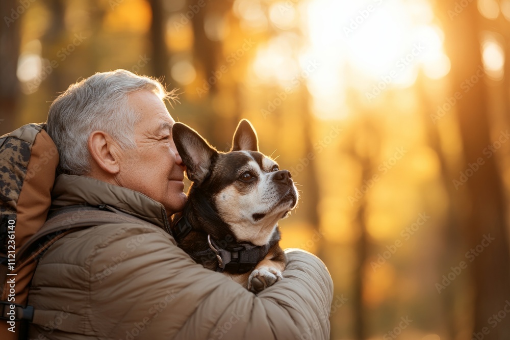 Elderly man enjoying autumn hike while holding his dog in a scenic forest setting during golden hour