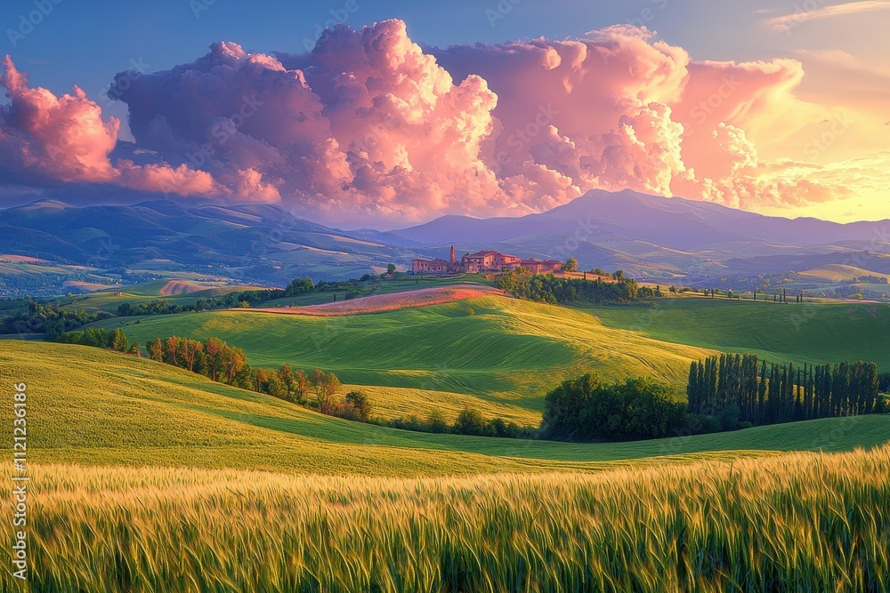 Obraz premium Expansive green landscape under a sky filled with fluffy clouds