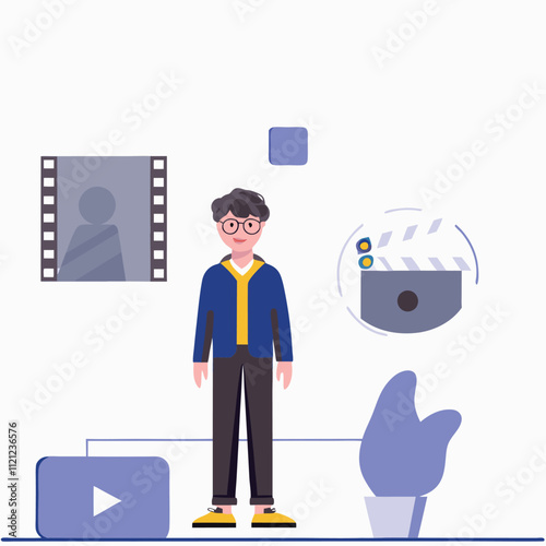 Man with video camera. Vector illustration in a flat style. Video production.