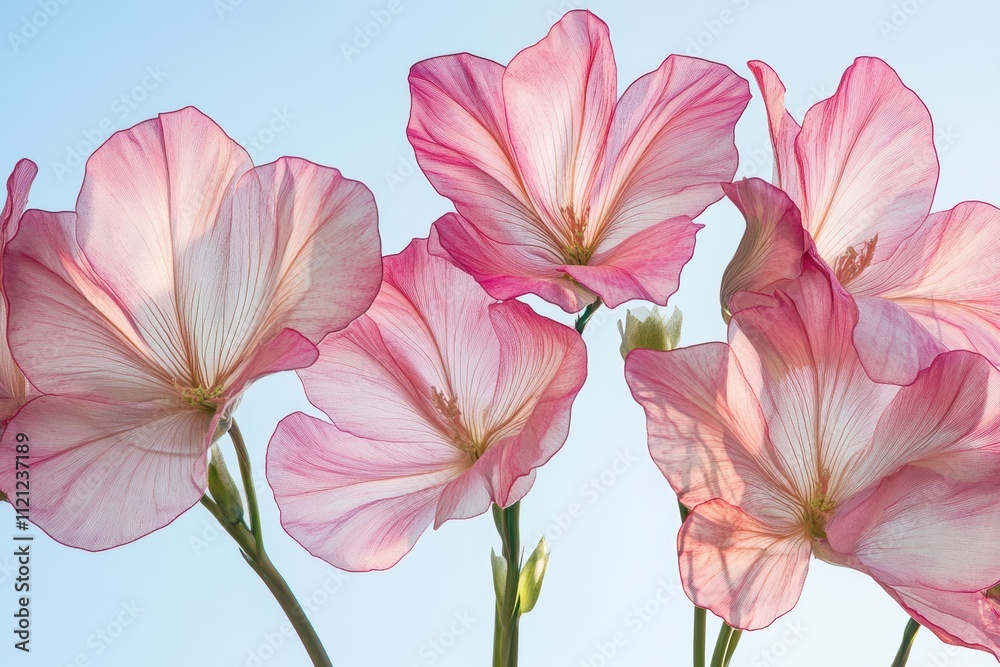 Fototapeta premium 花びらが透ける美しいピンクの花々が青空の下で輝く