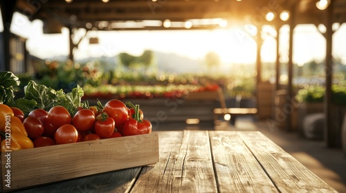 Farmers markets vegetables rustic charm. Fresh vegetables on a rustic table with sunlight in the background.
