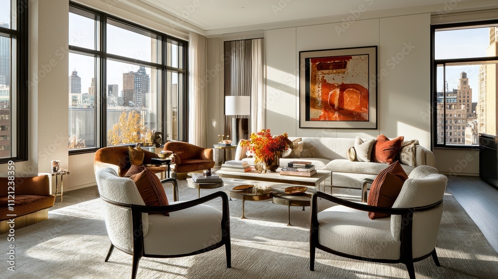 Fototapeta premium Luxury urban living room photography elegant design with modern aesthetic and cityscape views