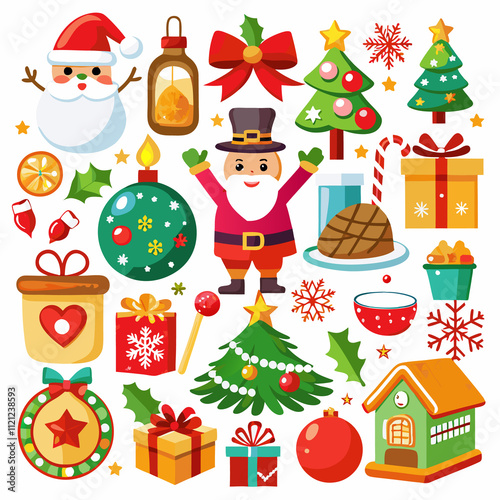 Cheerful Christmas icons including Santa, tree, gifts, food, and decorations.