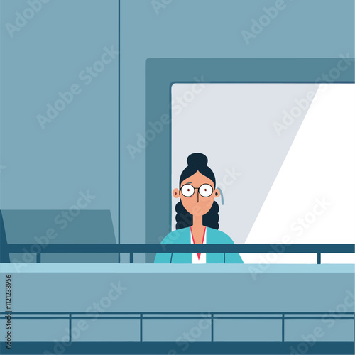 Young woman with glasses sitting at the train station. Vector illustration in flat style.