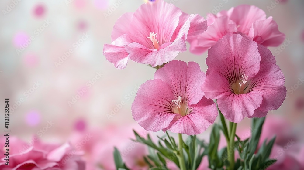 A cluster of delicate pink flowers flourishes, showcasing soft petals and green leaves. The background is adorned with gentle bokeh, enhancing their beauty in a joyful atmosphere A cluster of delicate pink flowers flourishes, showcasing soft petals and green leaves. The background is adorned with gentle bokeh, enhancing their beauty in a joyful atmosphere