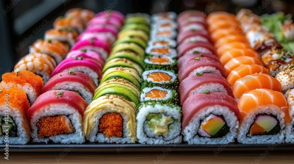A colorful variety of sushi rolls arranged neatly on a platter. The sushi features various ingredients like tuna, salmon, avocado, and more, creating an inviting spread for diners A colorful variety of sushi rolls arranged neatly on a platter. The sushi features various ingredients like tuna, salmon, avocado, and more, creating an inviting spread for diners