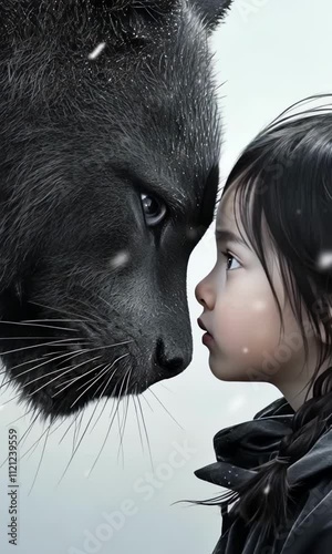 Intense connection: a little asian girl and black panther in a dramatic close-up on snowy background