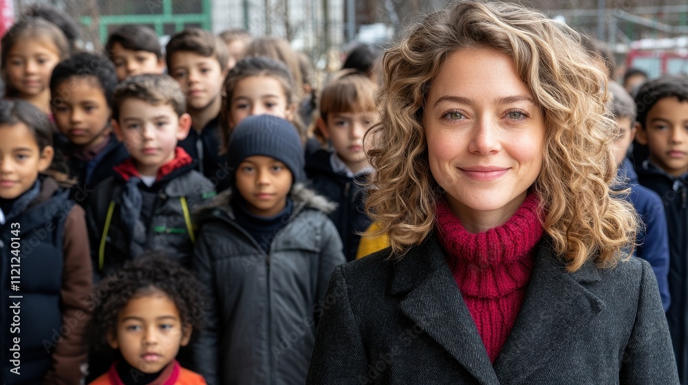 A woman with curly hair stands in front of a diverse group of children in winter clothing. The children appear engaged and cheerful, enjoying their time outdoors A woman with curly hair stands in front of a diverse group of children in winter clothing. The children appear engaged and cheerful, enjoying their time outdoors