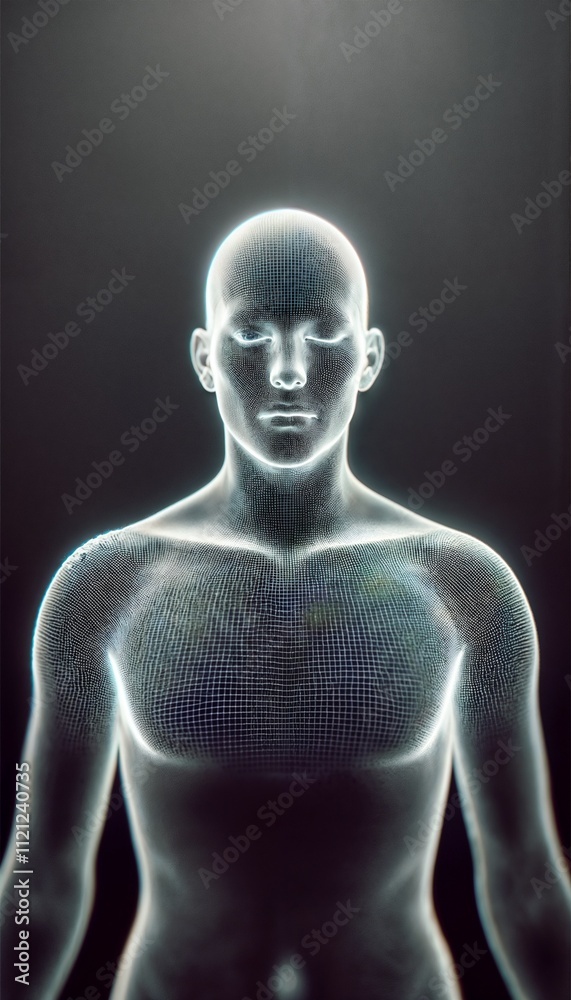 3D holographic representation of a human body on a dark background 3D holographic representation of a human body on a dark background