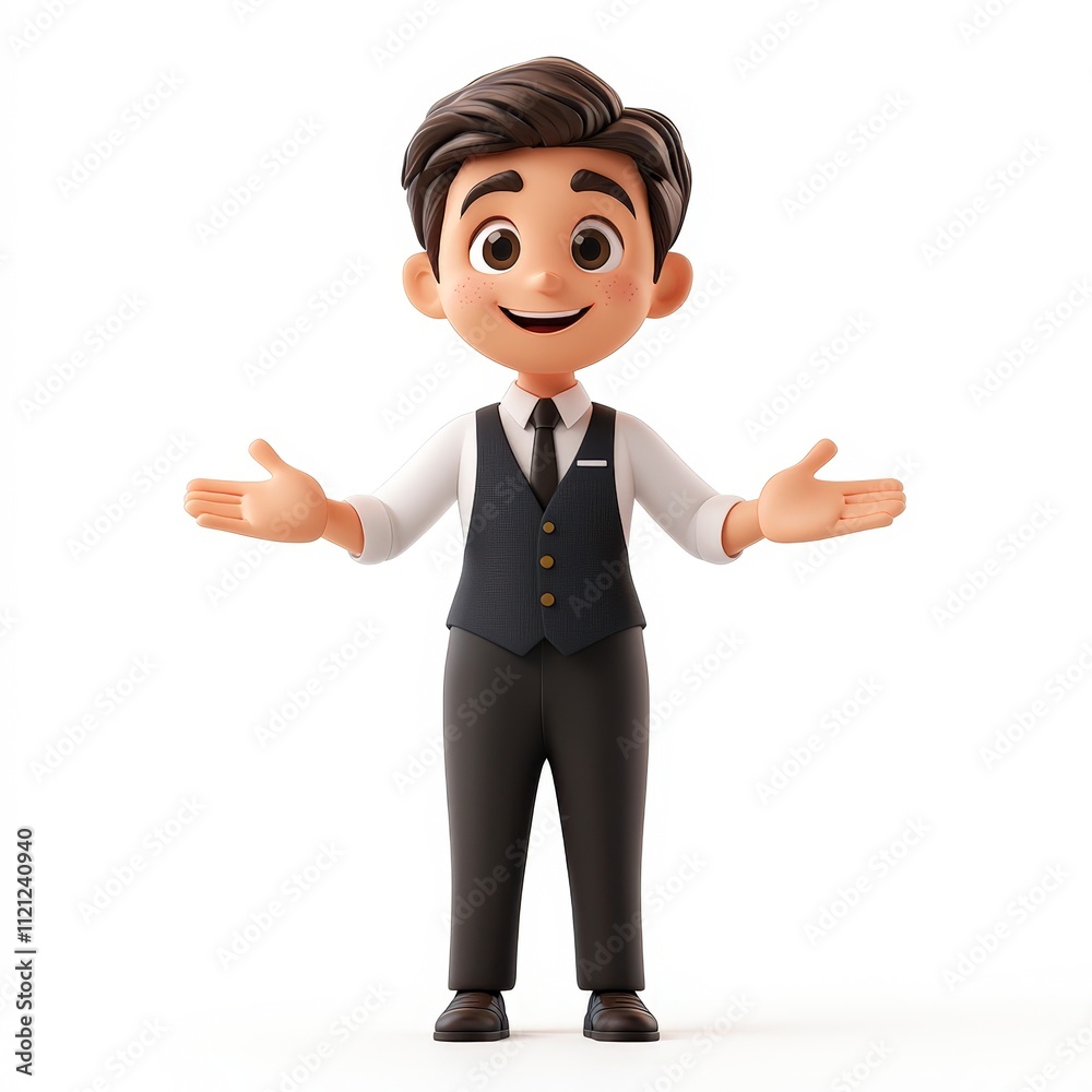 A cheerful cartoon character dressed in formal attire with open arms, perfect for promoting businesses, friendly services, or educational content focused on engagement and approachability, A cheerful cartoon character dressed in formal attire with open arms, perfect for promoting businesses, friendly services, or educational content focused on engagement and approachability,