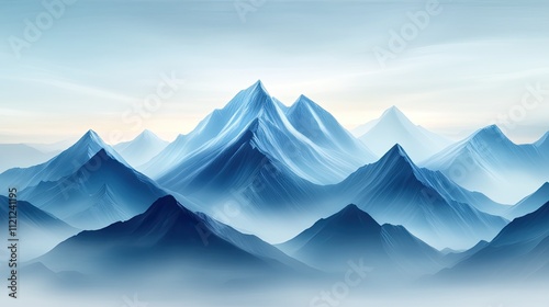 Serene Blue Mountain Range with Soft Fog and Gentle Lighting at Dawn in a Peaceful Landscape