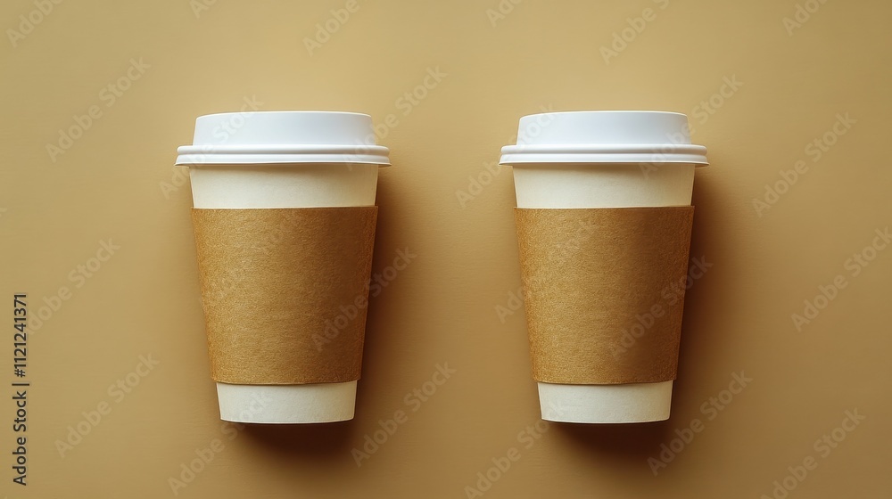 Two identical disposable coffee cups with white lids and brown paper sleeves are placed side by side against a smooth, neutral-colored background Two identical disposable coffee cups with white lids and brown paper sleeves are placed side by side against a smooth, neutral-colored background