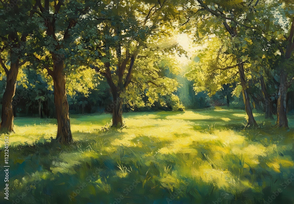 Enchanting Sunlit Forest Clearing with Vibrant Green Foliage and Gentle Rays of Sunshine Illuminating a Peaceful Natural Landscape Enchanting Sunlit Forest Clearing with Vibrant Green Foliage and Gentle Rays of Sunshine Illuminating a Peaceful Natural Landscape
